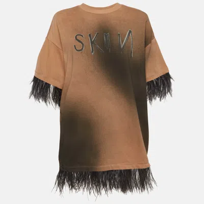 Pre-owned Roberto Cavalli Brown Feather Trim Cotton Knit Oversized T-shirt Xs