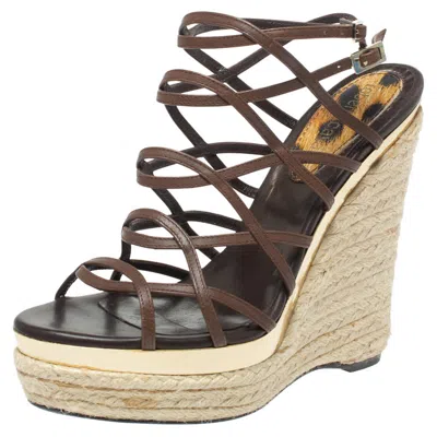 Roberto Cavalli Brown Leather Wedge Platform Espadrille Strappy Sandals In Multi