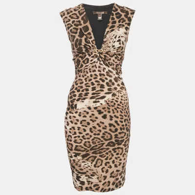 Pre-owned Roberto Cavalli Brown Leopard Print Jersey Ruche Short Dress S