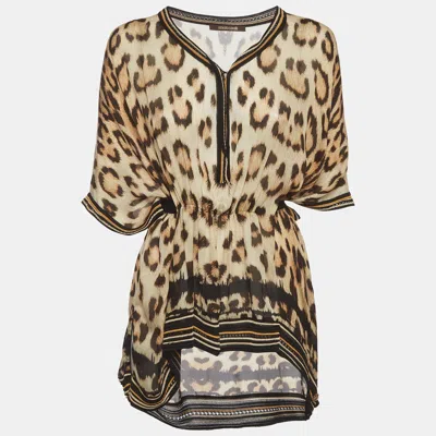 Pre-owned Roberto Cavalli Brown Leopard Print Silk Kaftan Top M