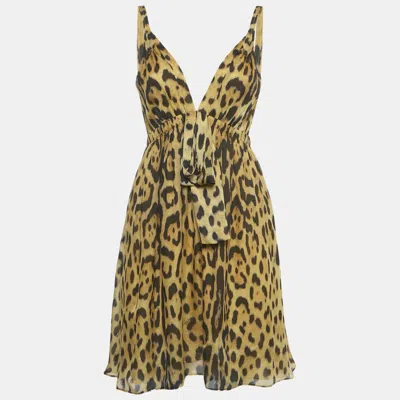 Pre-owned Roberto Cavalli Brown Leopard Print Silk Mini Dress M