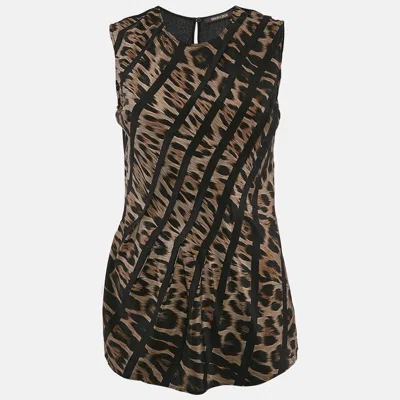 Pre-owned Roberto Cavalli Brown Leopard Print Silk Sleeveless Top S