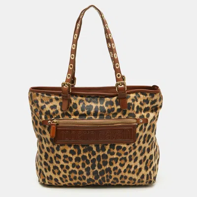 Pre-owned Roberto Cavalli Brown Leopard Print Straw And Leather Front Zip Tote