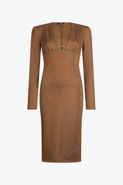Roberto Cavalli Brown Lurex Midi Dress With Ring Detail