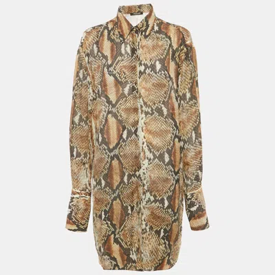 Pre-owned Roberto Cavalli Brown Python Print Cotton Blend Short Shirt Dress M