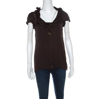 Roberto Cavalli Brown Ruffled Silk Sheer Blouse In Black