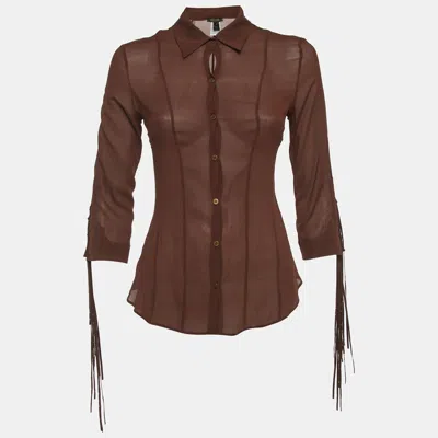 Roberto Cavalli Brown Silk Sheer Fringe Detail Shirt
