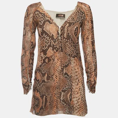 Pre-owned Roberto Cavalli Brown Snake Print Silk Long Sleeve Flared Mini Dress M