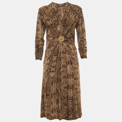 Pre-owned Roberto Cavalli Brown Snakeskin Print Jersey Embellished Midi Dress L