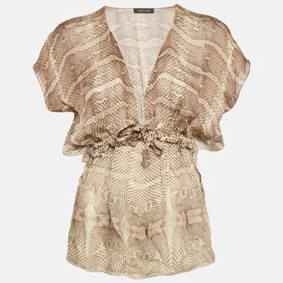 Pre-owned Roberto Cavalli Brown Snakeskin Print Silk Cinched Waist Top S