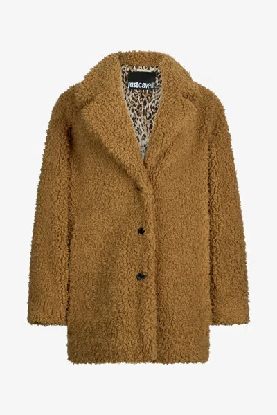 Roberto Cavalli Brown Teddy Coat With Leopard Lining In Sand