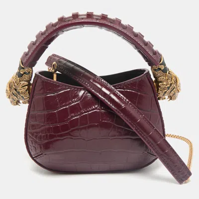 Pre-owned Roberto Cavalli Burgundy Croc Embossed Leather Mini Roar Top Handle Bag