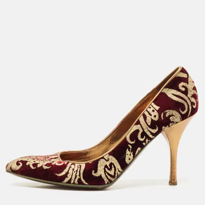 Pre-owned Roberto Cavalli Burgundy/gold Leather And Velvet Round Toe Pumps Size 38.5