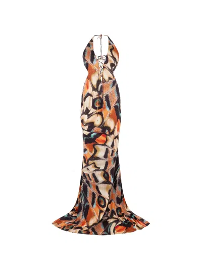 Roberto Cavalli Butterfly-print Lace-up Maxi Dress In Multi