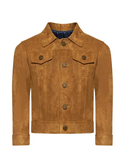 Roberto Cavalli Kids' Buttoned Suede Jacket In Brown