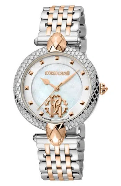 Roberto Cavalli By Franck Muller Two-tone Mother-of-pearl Dial Bracelet Watch, 34mm In Two Tone Silver/rose Gold