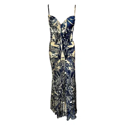 Pre-owned Roberto Cavalli C.2005 Bustier Bra Abstract Print Maxi Evening Dress Gown In Black