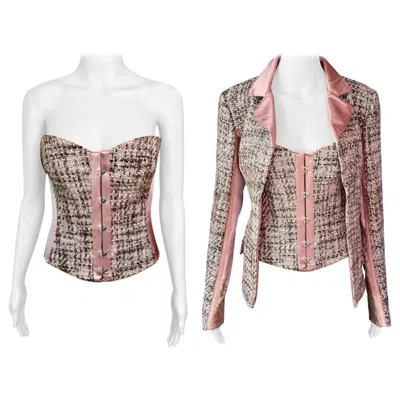 Pre-owned Roberto Cavalli C.2005 Bustier Tweed Lace Up Corset Top & Blazer 2 Piece Set In Gray