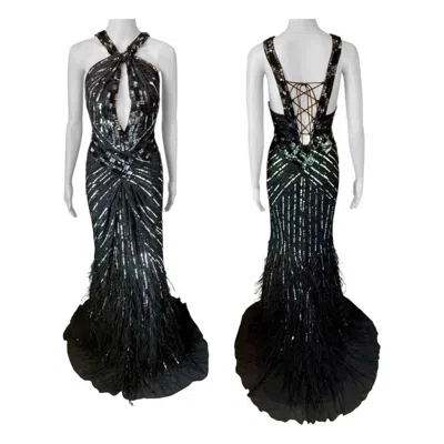 Pre-owned Roberto Cavalli C.2015 Embellished Feathers Lace Up Corset Evening Dress Gown In Black