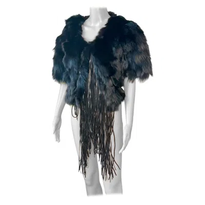 Pre-owned Roberto Cavalli C.2016 Mink Fox Sheep Fur Fringed Cropped Bolero Jacket Coat In Black
