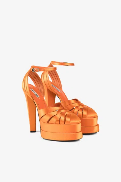 Roberto Cavalli Caged Leather Platform Sandals In Orange
