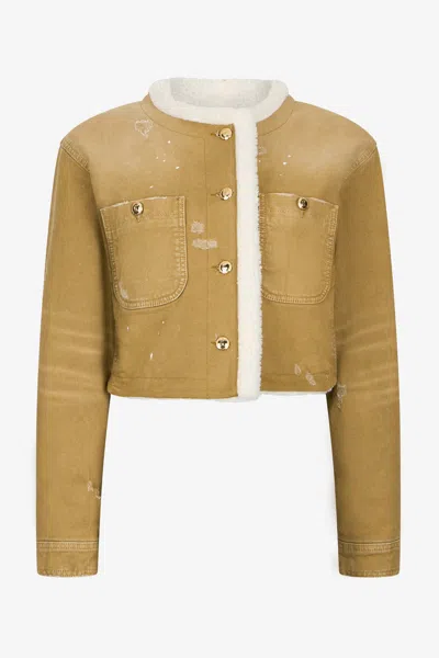Roberto Cavalli Camel Cropped Coat With Shearling Trim In Sand