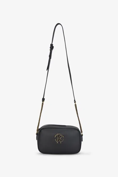 Roberto Cavalli Camera Bag With Monogram Mirror Snake In Black