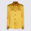 Roberto Cavalli Long Sleeve Satin Top With Velvet Collar And Cuffs In Yellow