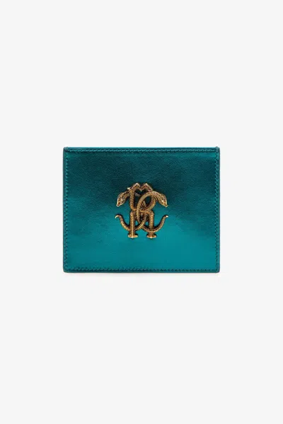 Roberto Cavalli Monogram-plaque Leather Cardholder In Blue