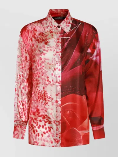 Roberto Cavalli Casual Floral Collared Neck Long Sleeve Top In Red