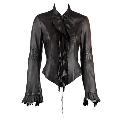 Pre-owned Roberto Cavalli Cavalli Fw 2004 Brown Leather Fringed Jacket With Scalloped Trim Size S