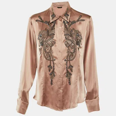 Pre-owned Roberto Cavalli Champagne Pink Silk Satin Embellished Shirt L