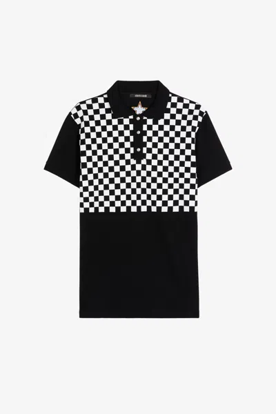 Roberto Cavalli Checked Cotton Polo Shirt In Black/white