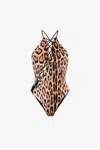Roberto Cavalli Leo Printed Lycra Halterneck Bodysuit In Light Brown