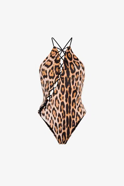 Roberto Cavalli Cheetah-print Lace-up Swimsuit In Light Brown