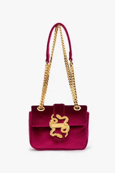 Roberto Cavalli Cherry Velvet Shoulder Bag Snake Buckle In Red