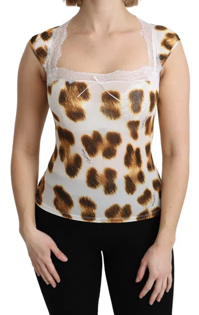 Roberto Cavalli Camisole Underwear Blouse Lace Leopard Jersey In Brown