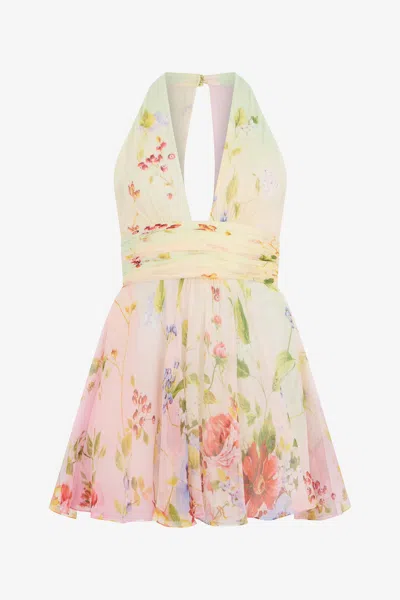 Roberto Cavalli Chiffon Mini Dress With Miami Flowers Print In Pink