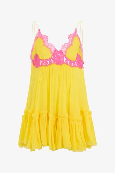 Roberto Cavalli Chiffon Dress With Lace Detail In Yellow