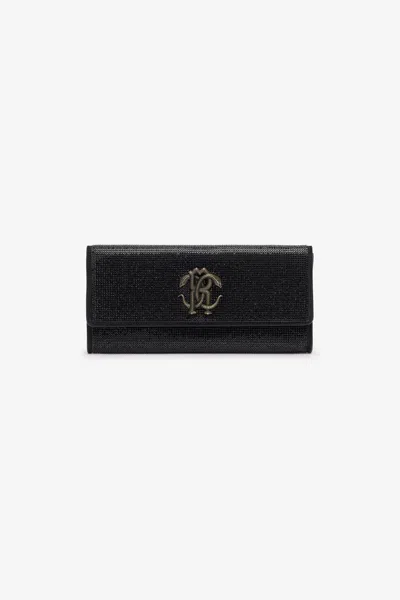 Roberto Cavalli Clutch With Crystals And Mirror Snake Monogram In Black