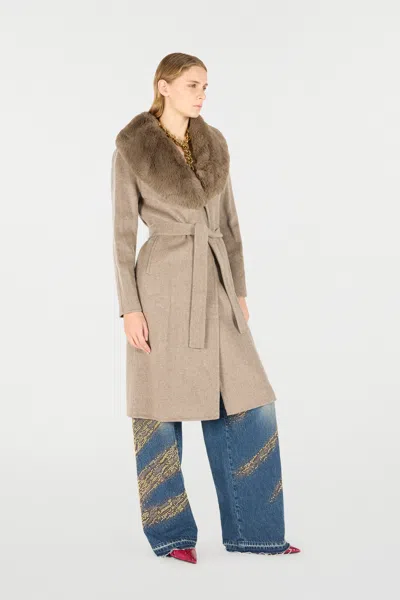 Roberto Cavalli Coat With Faux Fur Collar In Tortora Melange