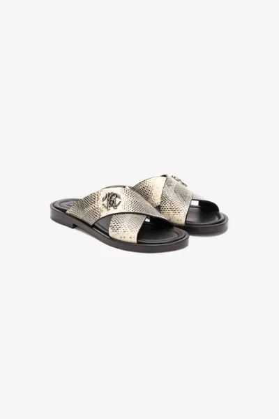 Roberto Cavalli Cobra Print Slides With Monogram Mirror Snake In Black/white