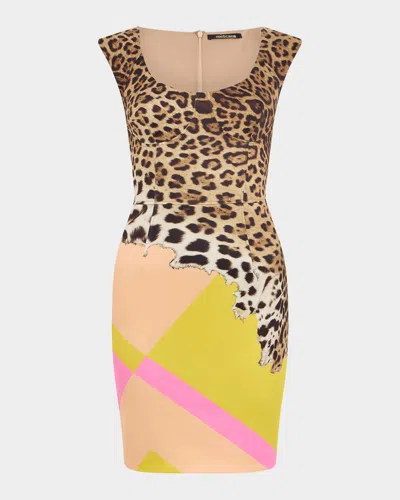 Roberto Cavalli Colorblock Jaguar-print Bustier Mini Dress In Yellow