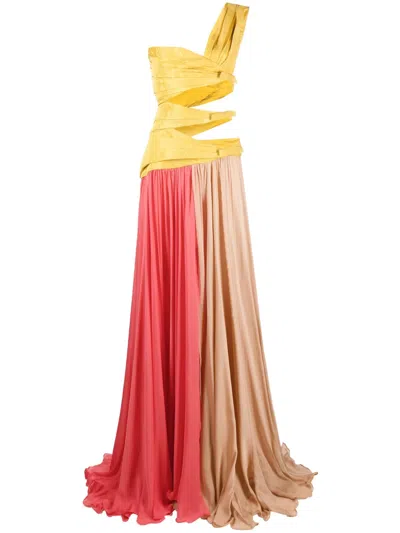 Roberto Cavalli Colour-block Draped Silk Gown In Yellow