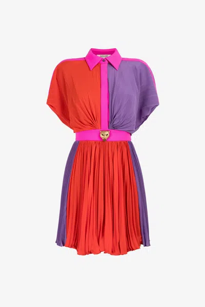 Roberto Cavalli Colourblock Pleated Silk Mini Dress In Multicolor