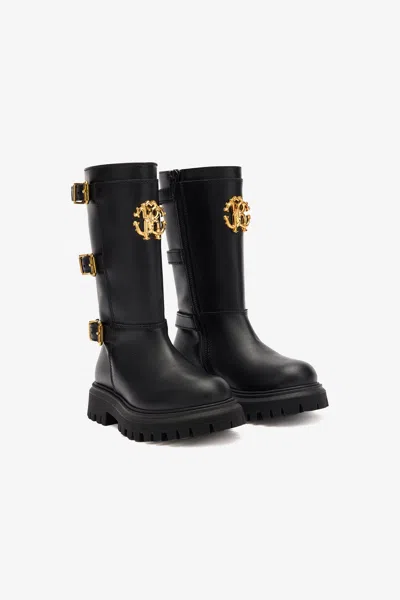 Roberto Cavalli Kids' Combat Boots With Buckles And Rc Monogram In Black