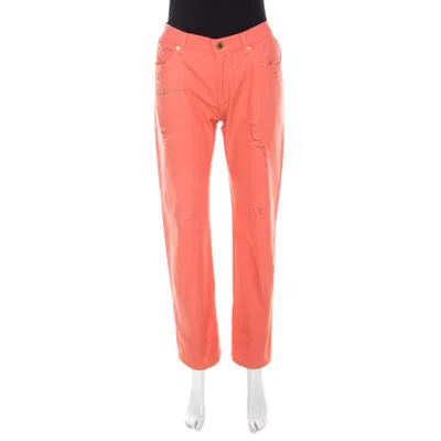 Roberto Cavalli Coral Pink Cotton Denim Logo Print Distressed Jeans In Orange
