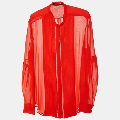 Pre-owned Roberto Cavalli Coral Red Silk Pintuck Detail Button Front Shirt L