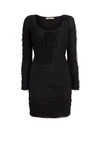Roberto Cavalli Corset Front Gathered Lace Dress In Black
