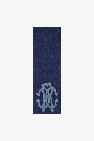 Roberto Cavalli Cotton And Wool Blend Scarf With Rc Monogram In Dark Blue